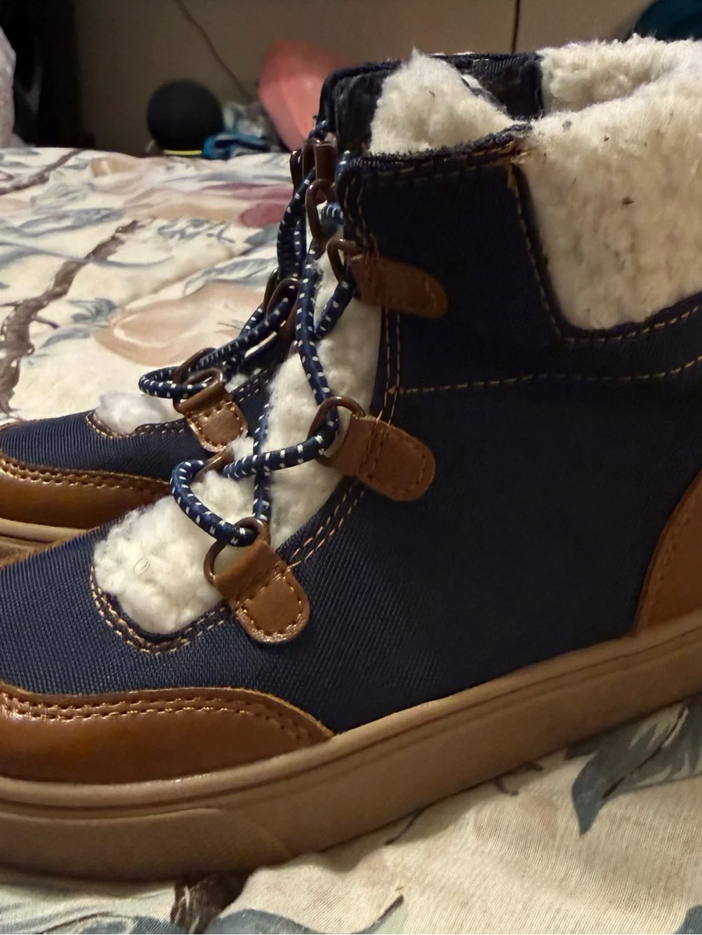 Old Navy Navy and Brown Faux-Sherpa Lace-Up Kids Boots